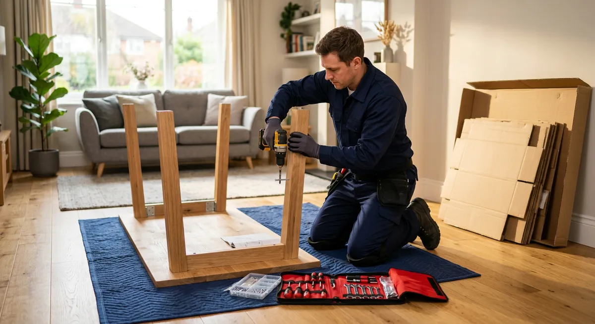 White glove delivery technician assembling a dining table in the customer’s room, with the unpacked packaging stacked neatly to one side
