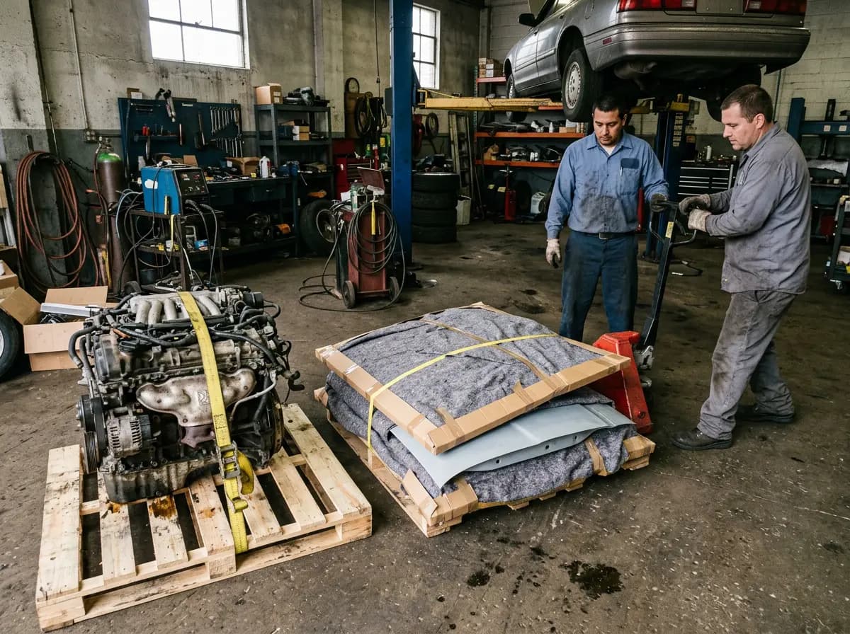 A crated engine on a pallet and blanket-wrapped car body panels ready for delivery in a repair shop