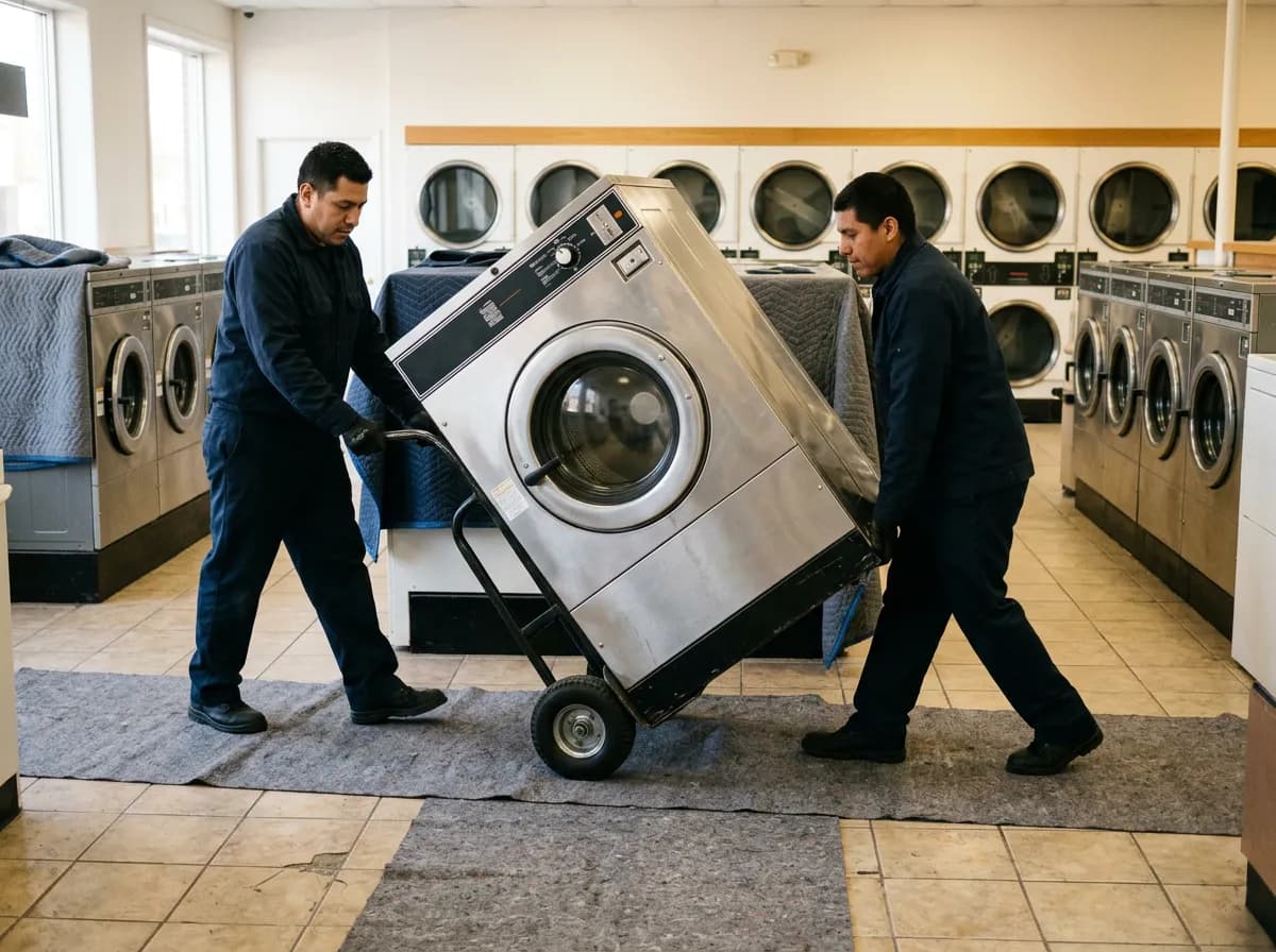 Two-person crew wheeling a large stainless steel appliance on a dolly across floor runners during a big and bulky delivery