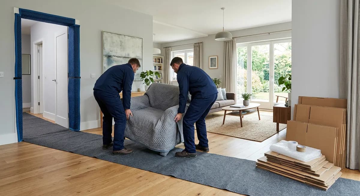 Two crew members carrying a blanket-wrapped armchair into a living room over floor protection, with padded door frame protection behind them