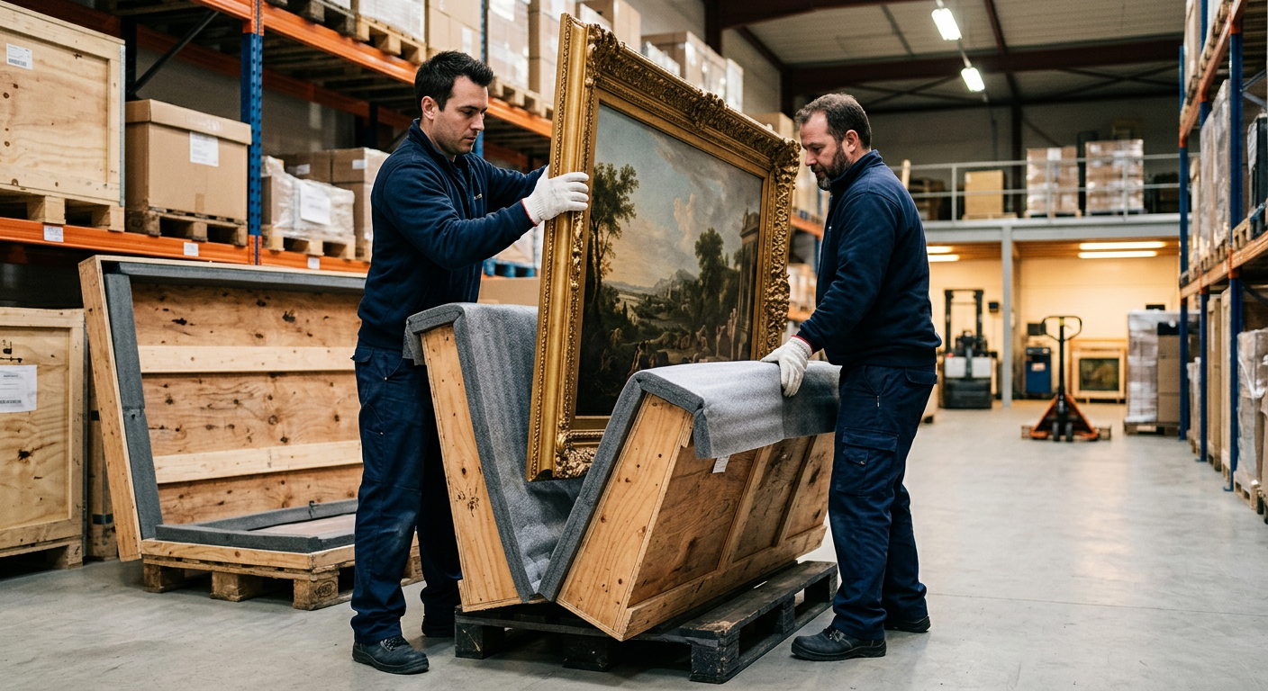 Gloved crew lifting a framed painting out of a custom foam-lined crate