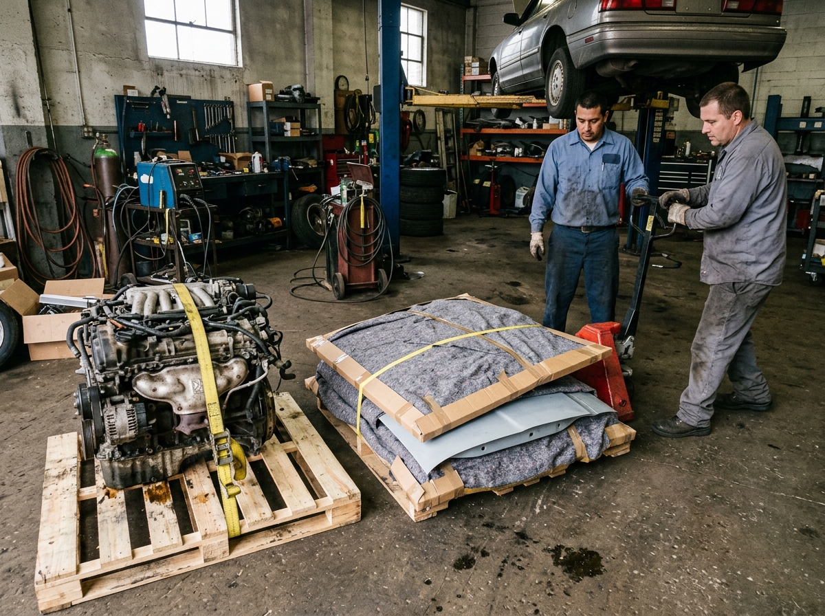 An engine strapped to a pallet and blanket-wrapped body panels being moved with a pallet jack in a repair shop