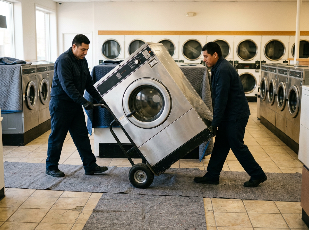 Two movers wheeling a stainless steel commercial washer on a dolly across floor runners in a laundromat