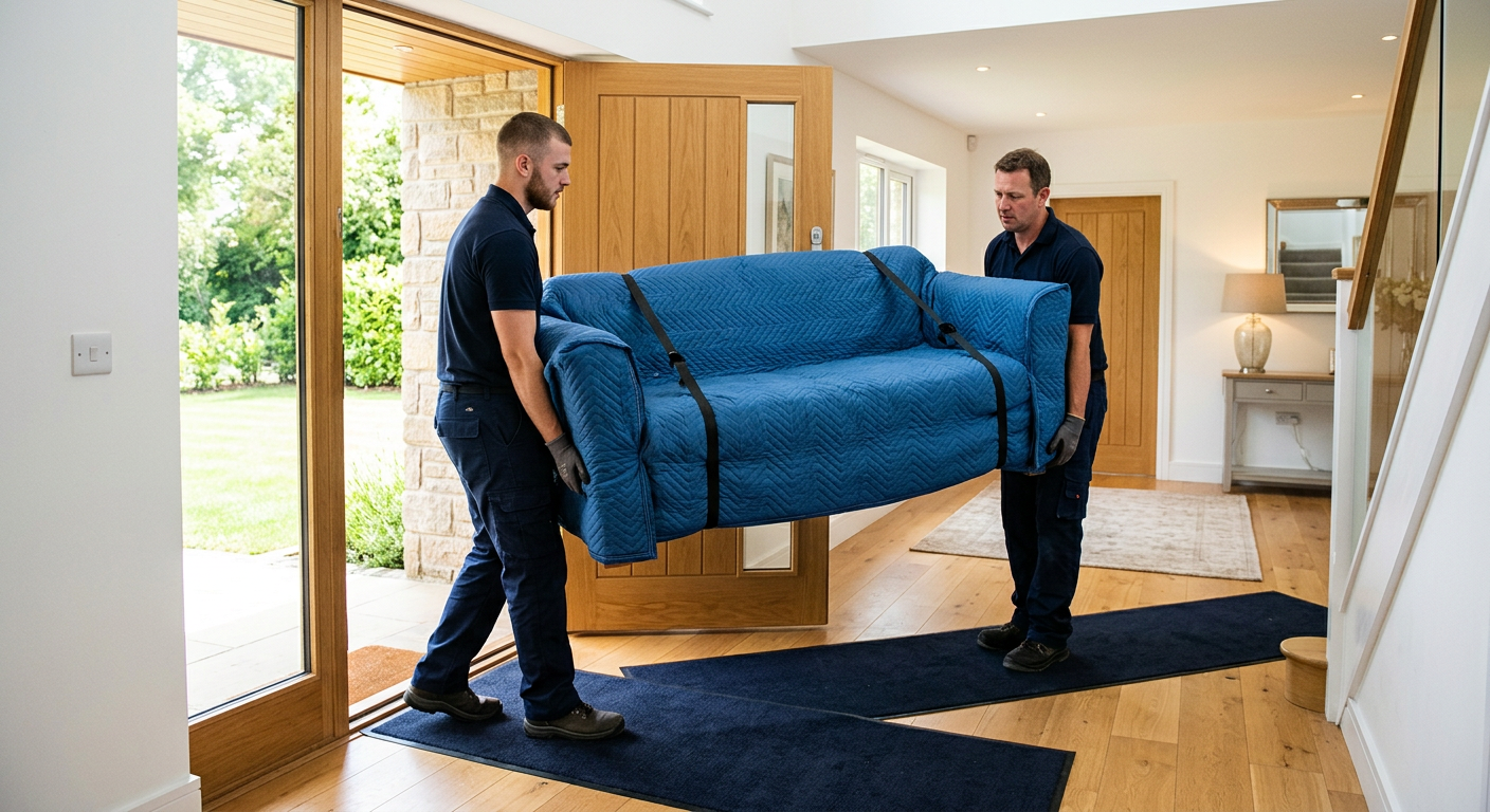Two delivery crew members carrying a blanket-wrapped sofa into a home over floor runners, the last step after warehousing